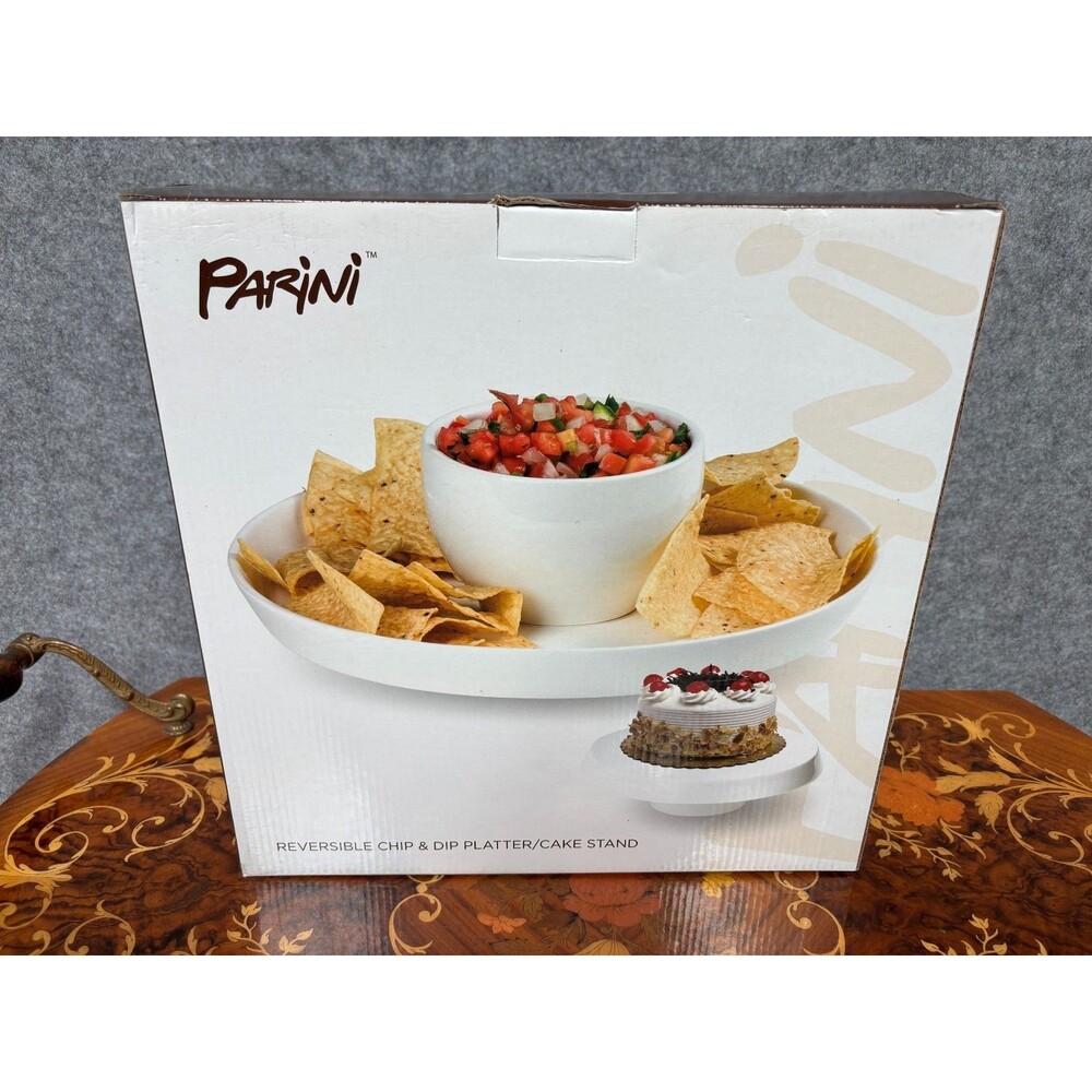Parini Reversible Chip & Dip Platter Cake Stand White Serving Set NIB